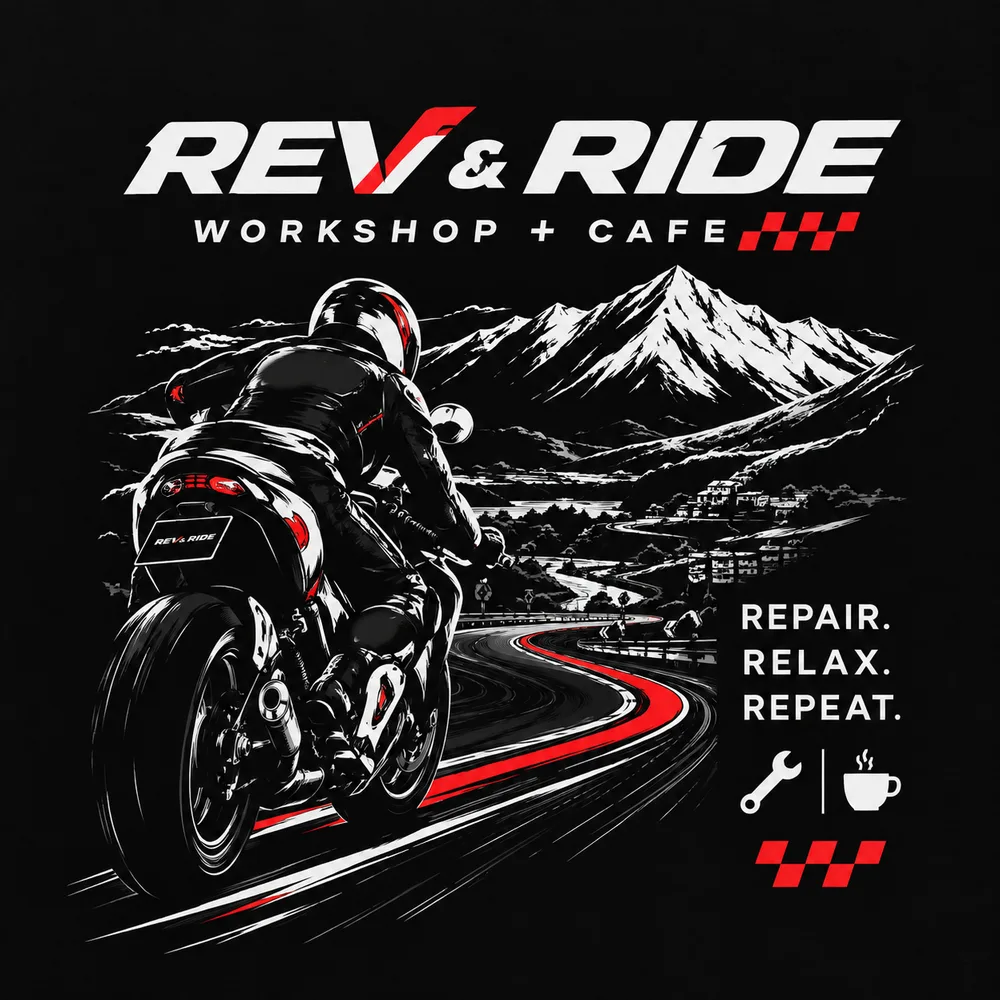 Back print of the Rev & Ride t-shirt: a rider on a winding mountain road with Repair. Relax. Repeat.
